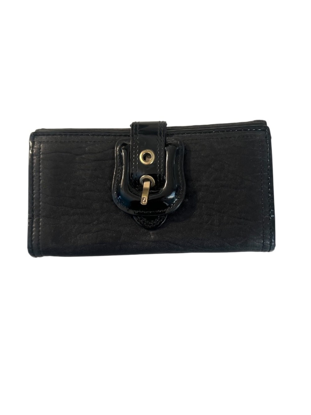 Fendi Black Leather Long Continental B Wallet Patent Trim Vintage Y2K